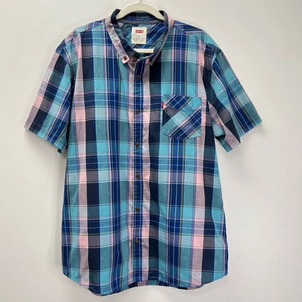 Levi's Blue Pink Cotton Short Sleeve Button Front Polo Size XXL